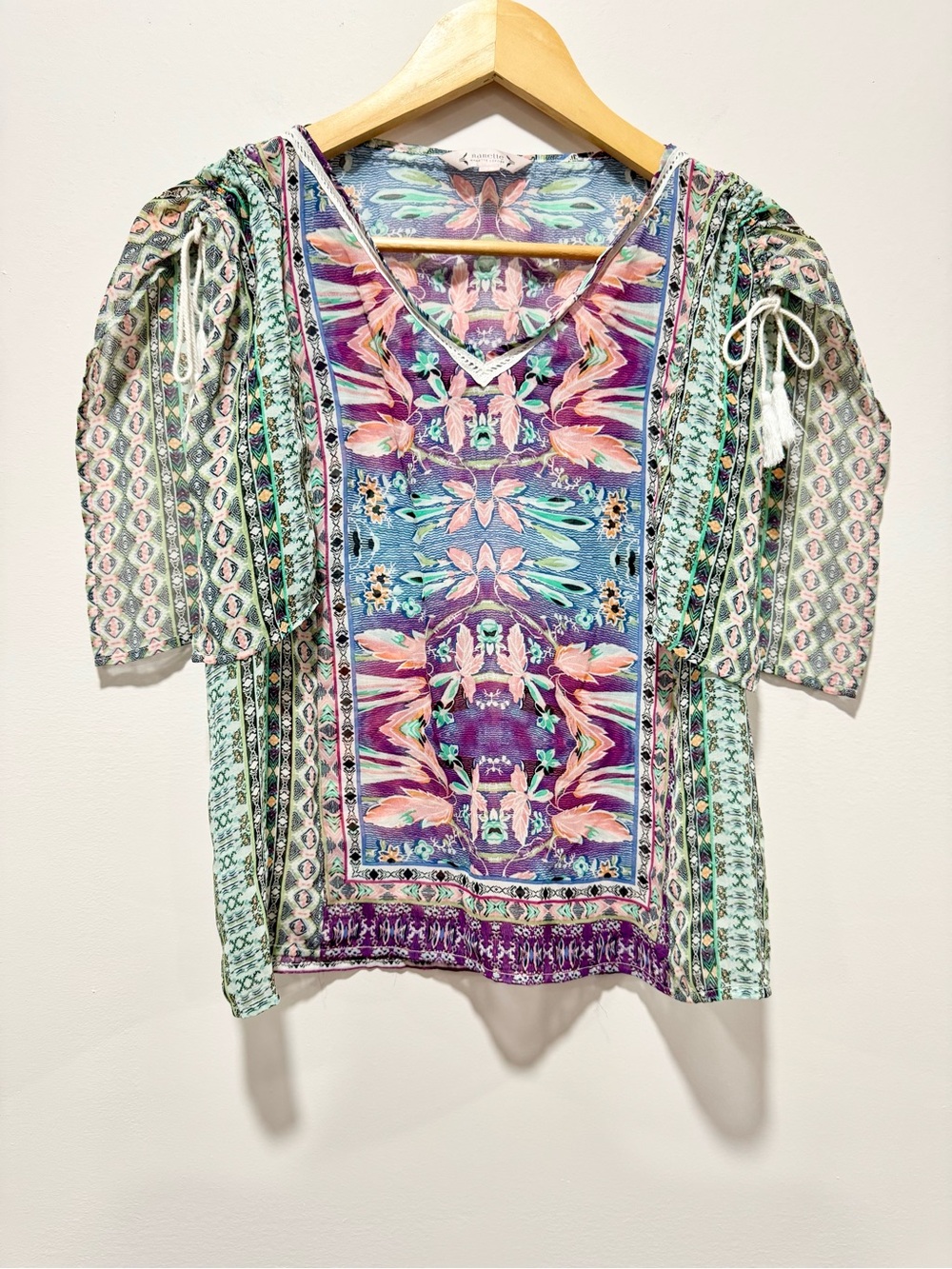 Nanette Lepore Boho Floral Kaleidoscope Peasant Blouse Lace Trim XS
